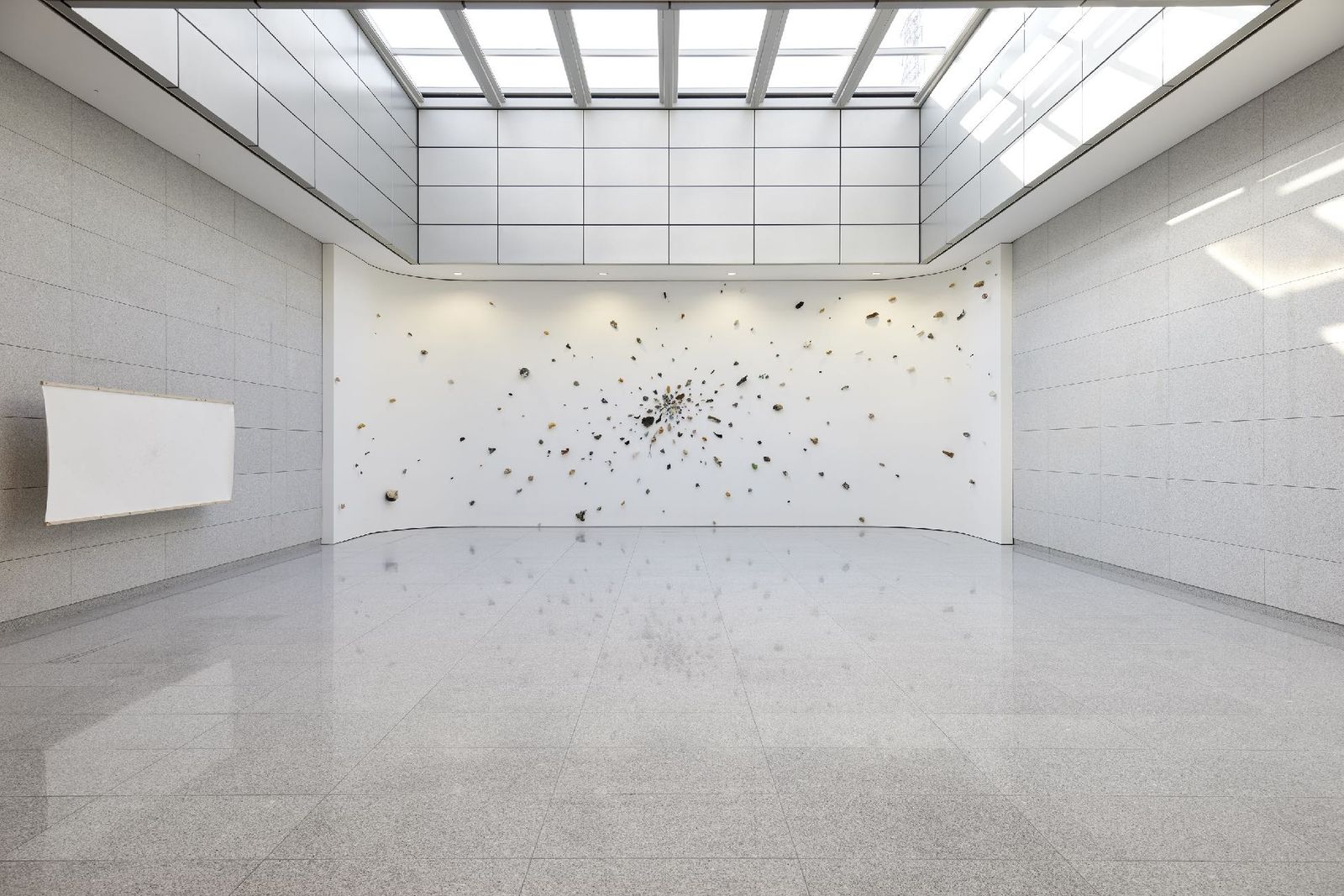 A bright museum hall with small plastic pieces scattered in a wide arc across the floor and walls