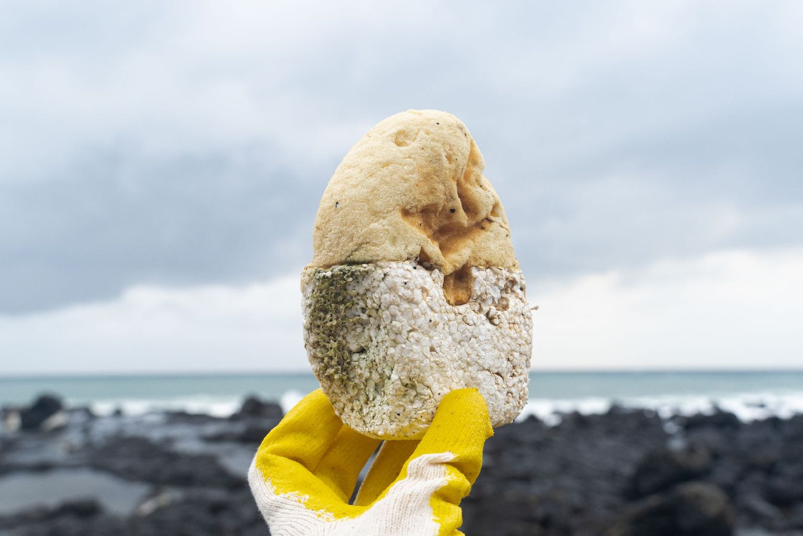 A yellow-gloved hand holding a sea-worn styrofoam rock against a grey ocean horizon